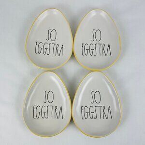 Rae Dunn "SO EGGSTRA" Egg Shaped Appetizer Plates - Set of 4 Yellow Trim